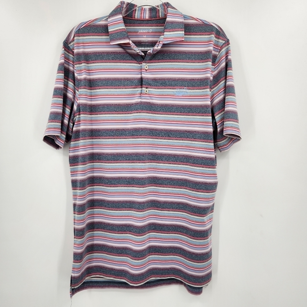 Johnnie-O Mens Short Sleeve Polo Shirt Size Medium Golf Pink Blue Striped
